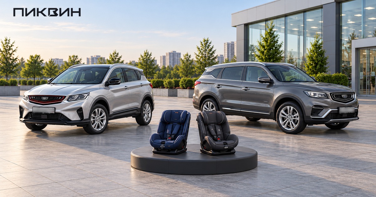 Новый Belgee X50 и Belgee X70 с двумя детскими креслами на отдельной площадке перед примеркой.