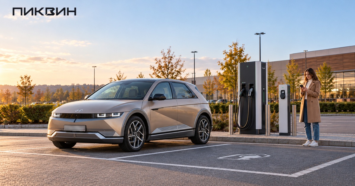 Hyundai Ioniq5 у двух зарядных постов торгового центра; владелица проверяет маршрут в телефоне.