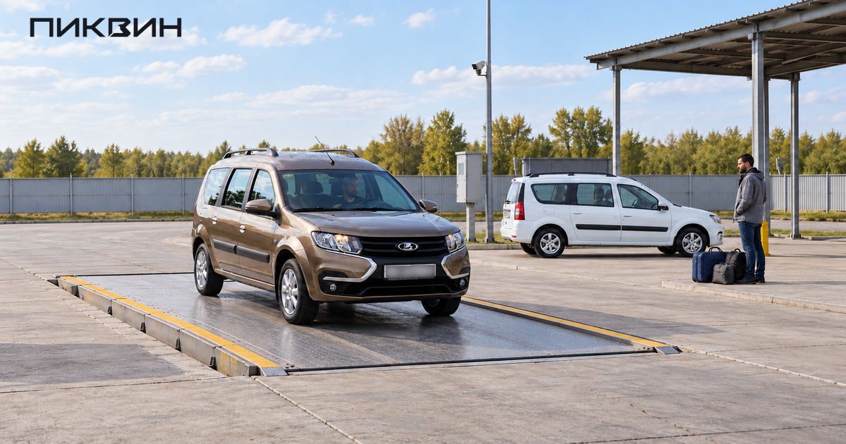 Два пассажирских Lada Largus у автомобильных весов, сумки стоят отдельно перед проверкой загрузки.