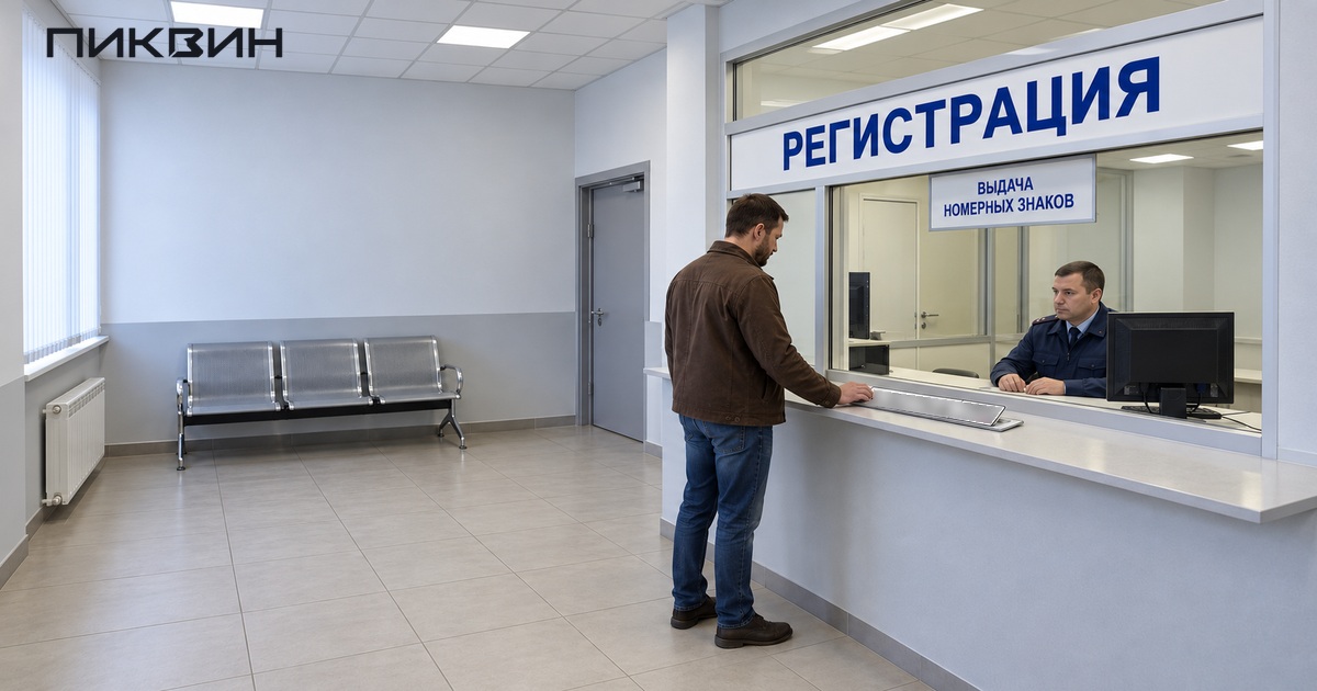 Посетитель у окна выдачи номерных знаков в регистрационном зале ГИБДД.