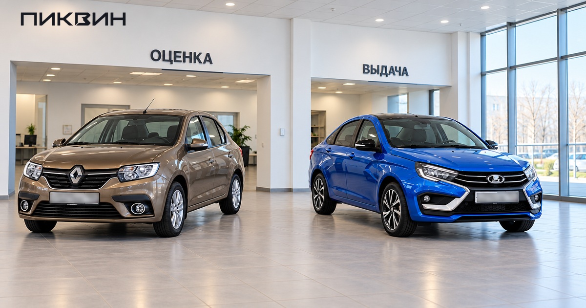 Renault Logan в зоне оценки и Lada Vesta NG в зоне выдачи автосалона.