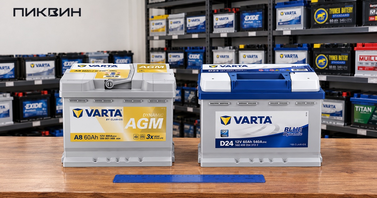 Varta Dynamic AGM A8 и Blue Dynamic D24 на прилавке магазина аккумуляторов.