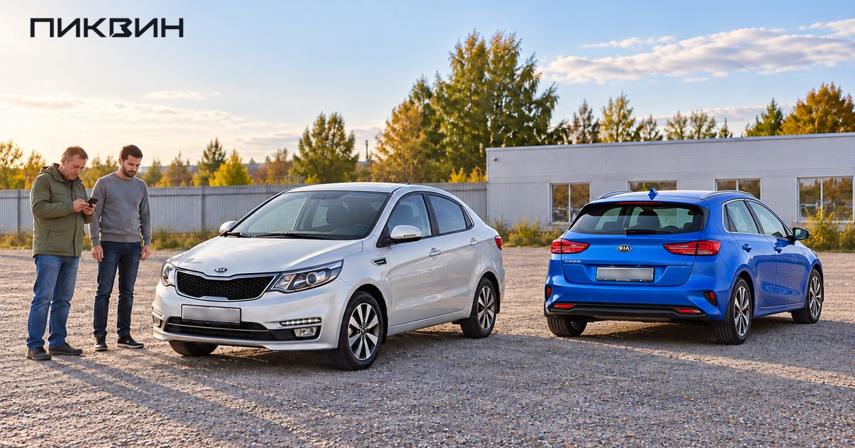 Покупатель и продавец сверяют сохранённую фотографию с колесом Kia Rio перед получением машины.