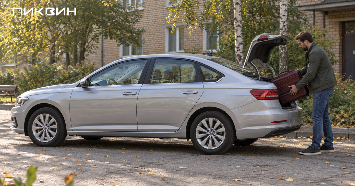 Мужчина загружает чемодан в багажник Volkswagen Lavida.