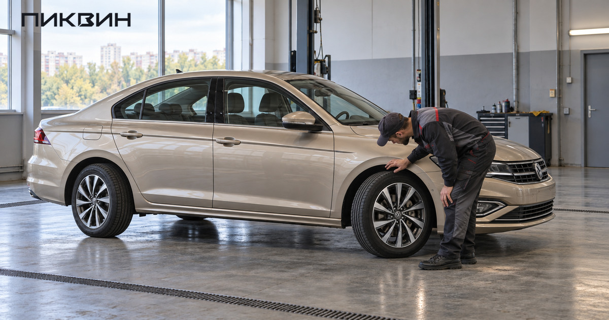 Механик стоит рядом с вывернутым передним колесом Volkswagen Bora и наклоняется для осмотра.