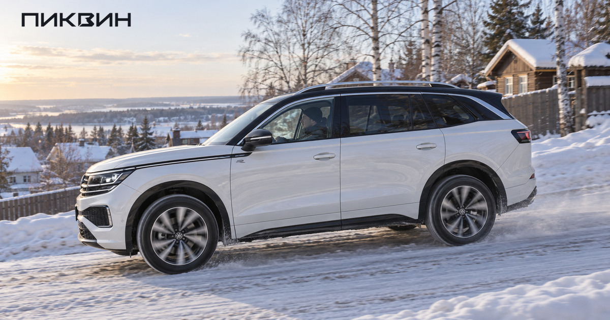 Volkswagen Tavendor движется по заснеженной загородной дороге.