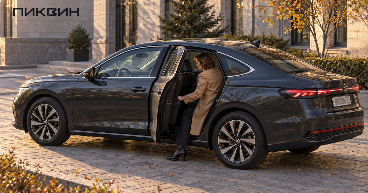 Женщина примеряет посадку на заднем сиденье Volkswagen Passat Pro.