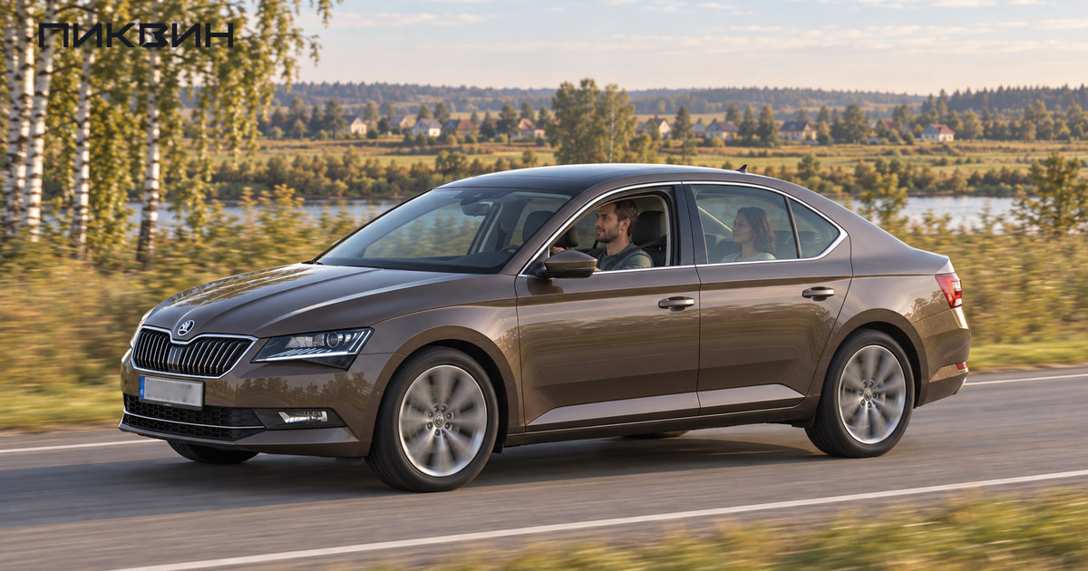 Бронзовая Skoda Superb в движении, вид спереди слева; водитель сидит слева, пассажирка — на заднем ряду.