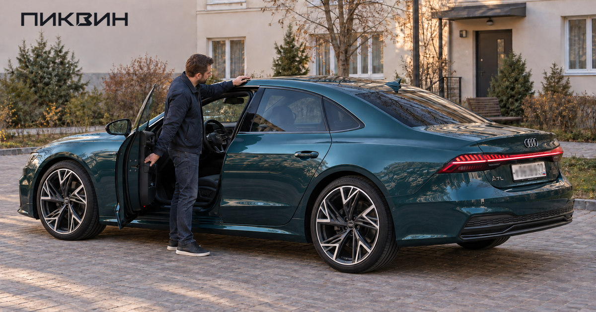 Мужчина осматривает верхнюю часть дверного проёма Audi A7L с открытой безрамочной передней дверью.