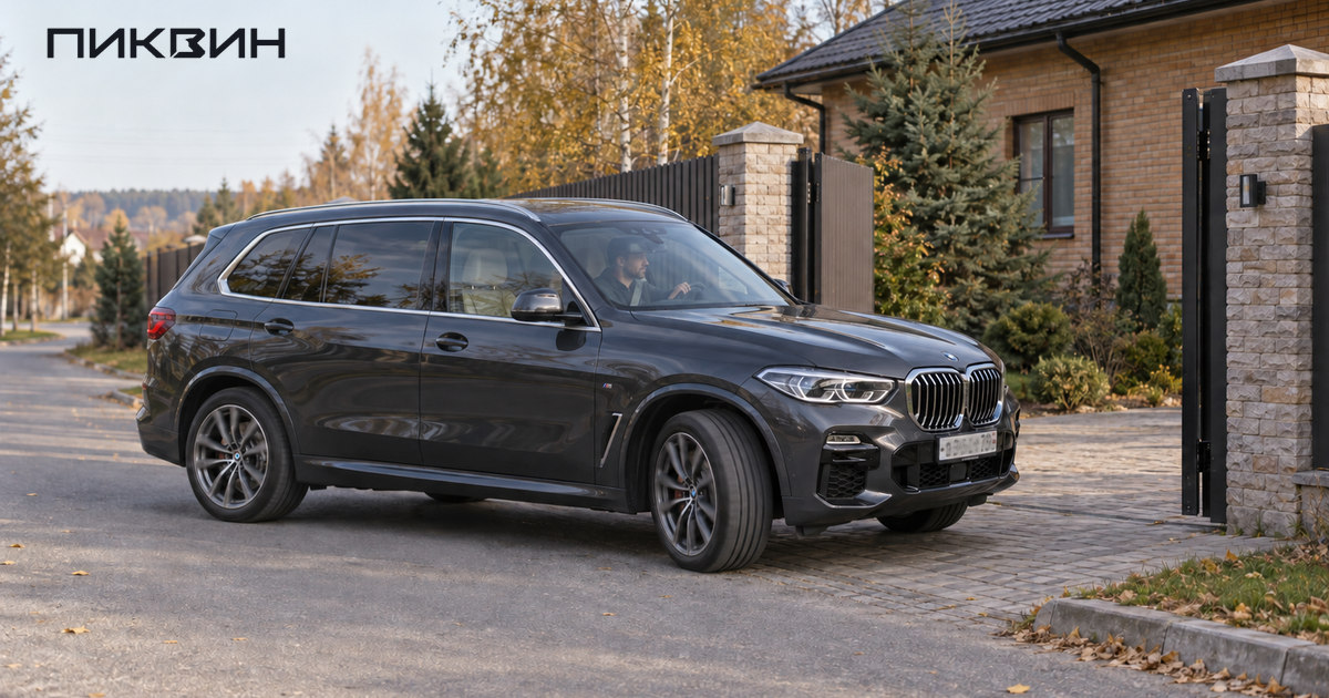 Тёмно-серый BMW X5L медленно поворачивает к открытому въезду во двор частного дома.