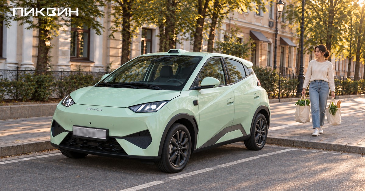 Женщина с покупками подходит к припаркованному BYD Seagull.