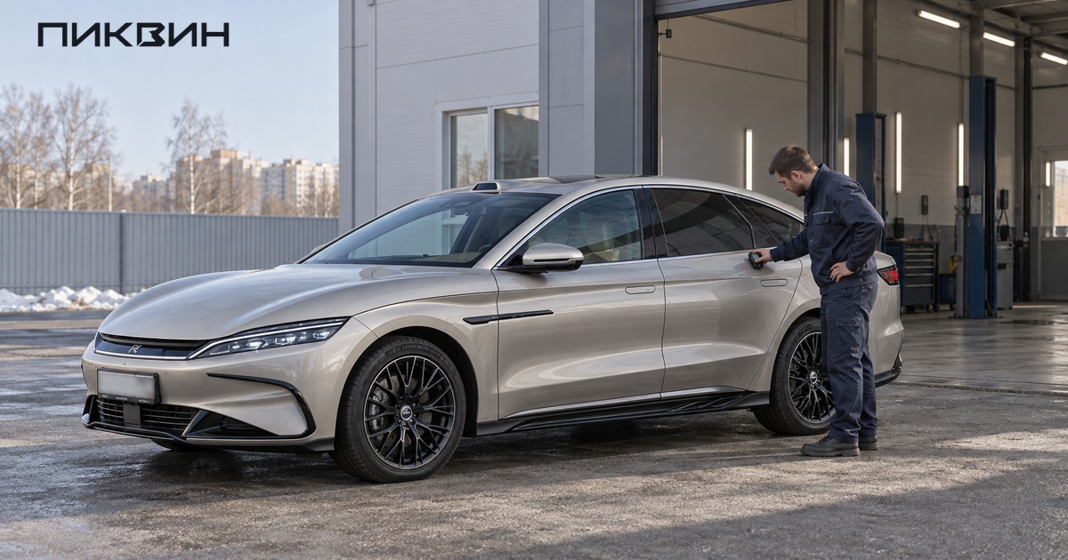 Специалист прикладывает толщиномер к двери BYD Han на площадке осмотра.