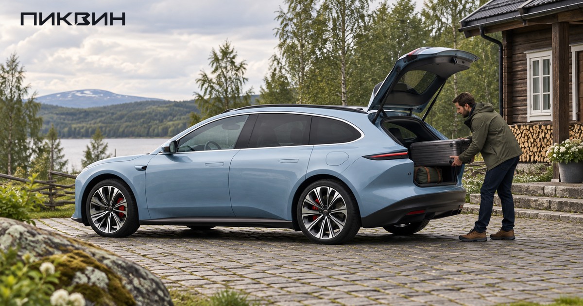 Мужчина загружает дорожный чемодан в открытый багажник Nio ET5 Touring.