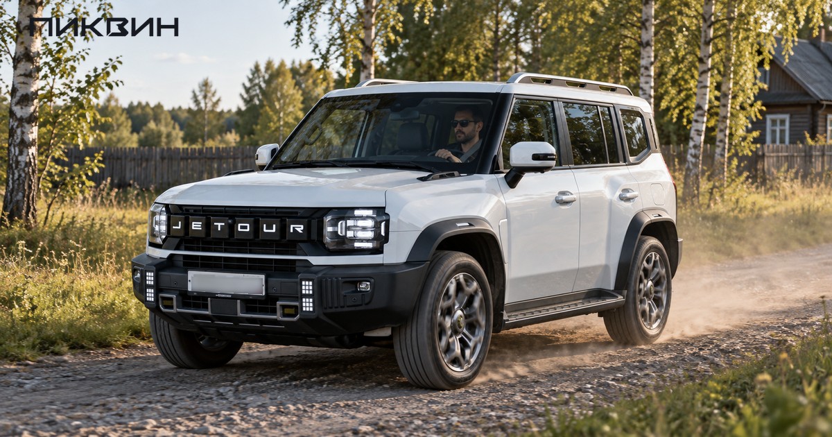 Белый Jetour T2 движется по грунтовой дороге возле берёзовой рощи.