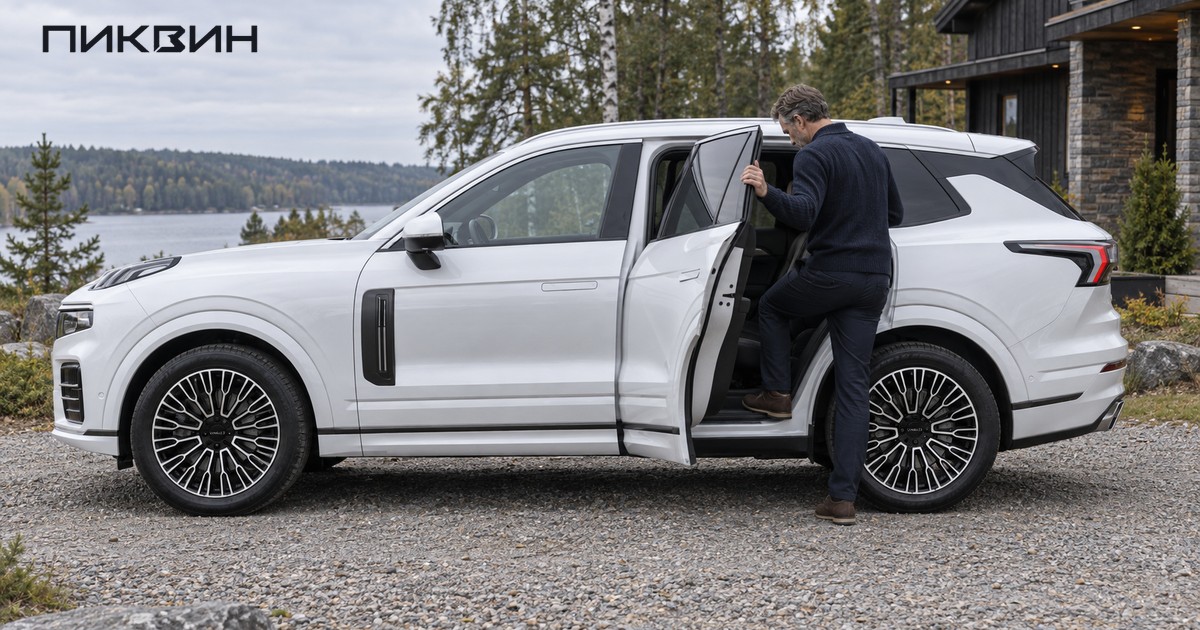 Мужчина проверяет посадку на заднее сиденье белого Lynk & Co 09 MHEV.