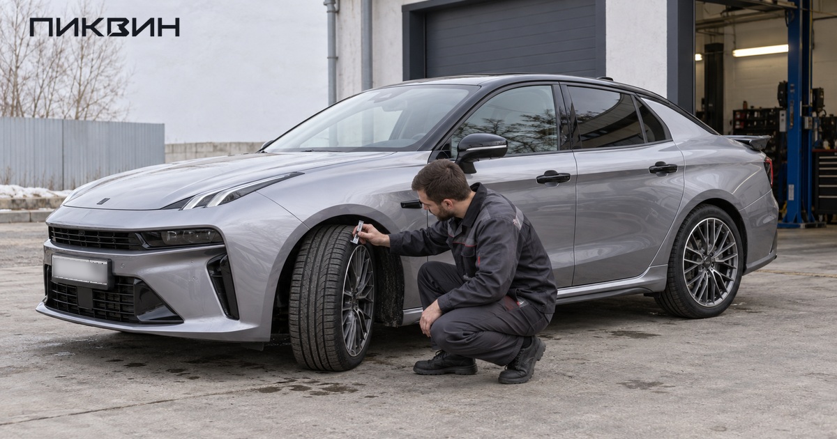 Механик измеряет глубину протектора передней шины серебристого Lynk & Co 03.