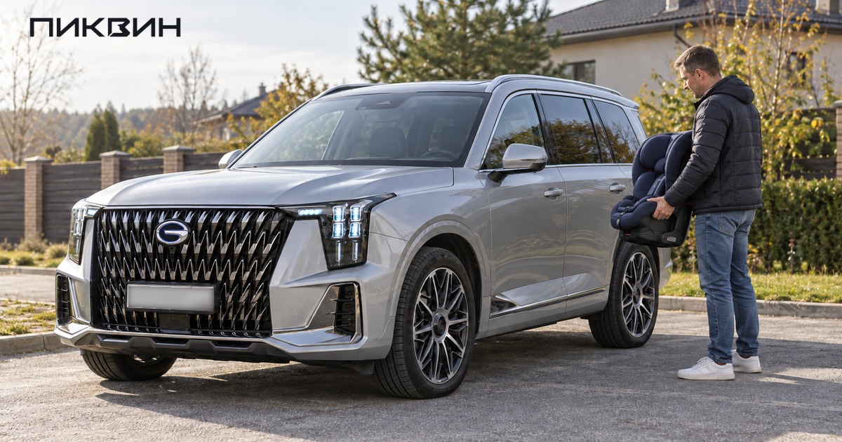 Отец несёт детское кресло к серебристому GAC GS8 перед проверкой посадки.