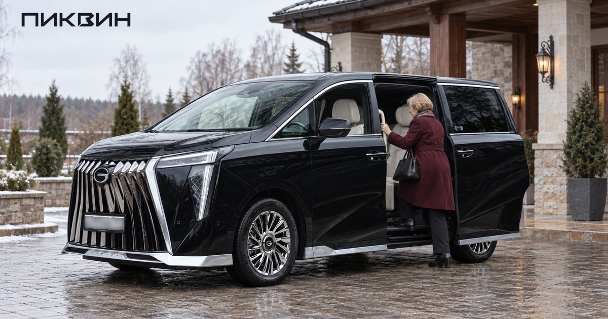 Пожилая женщина садится в чёрный GAC M8 через левую сдвижную дверь.