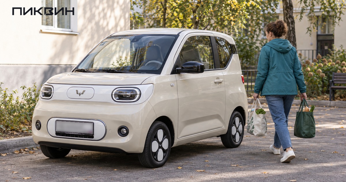 Женщина с двумя сумками покупок подходит к компактному Wuling Mini EV.
