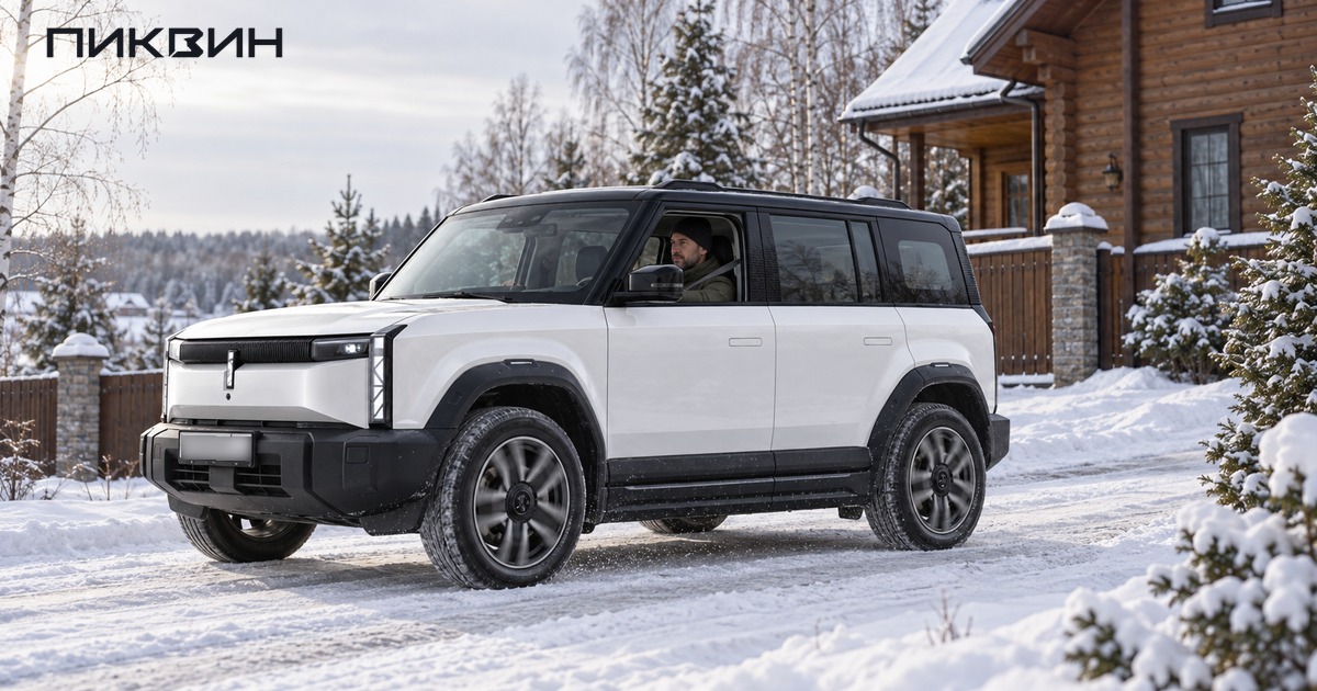 Белый iCar 03 медленно поднимается по расчищенной зимней дороге к дому.