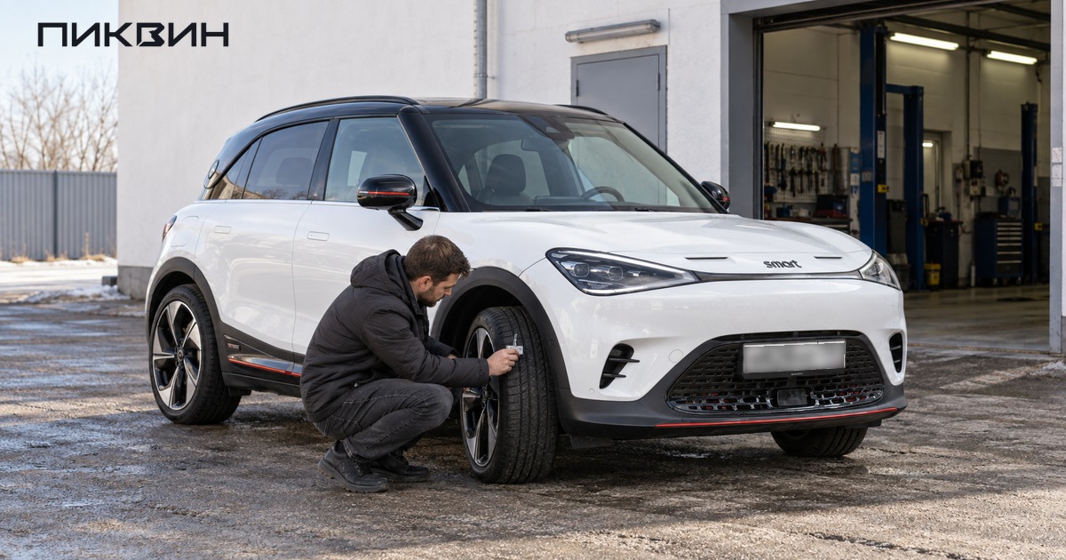 Мужчина проверяет протектор передней шины белого Smart #1 BRABUS.