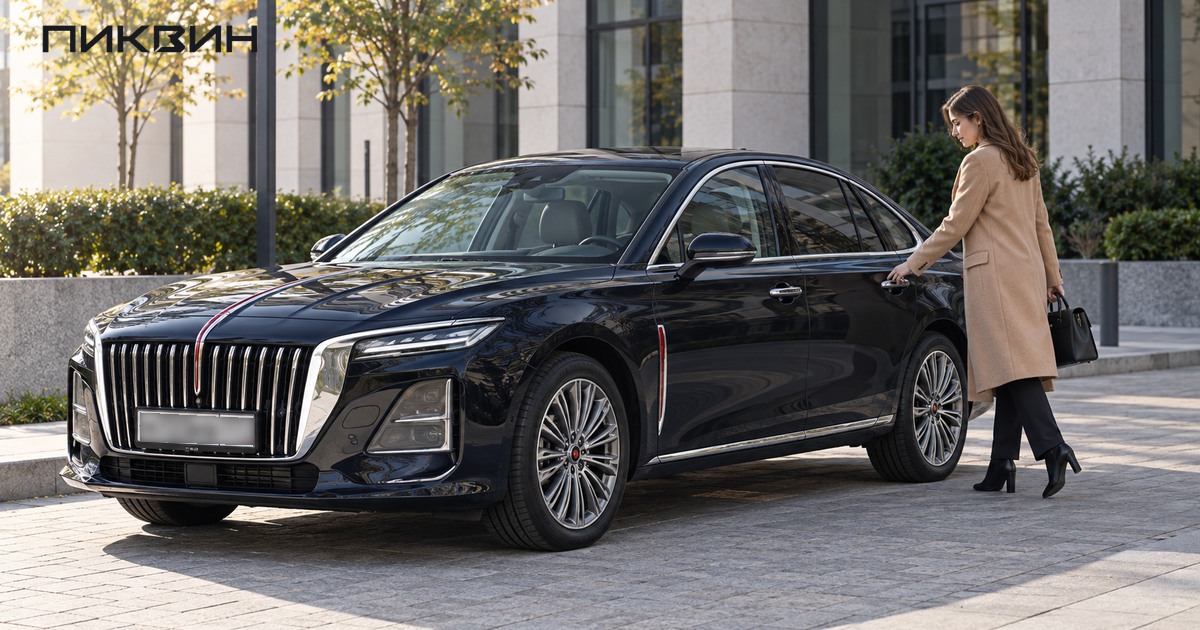 Женщина с рабочей сумкой подходит к задней двери тёмного Hongqi H5.