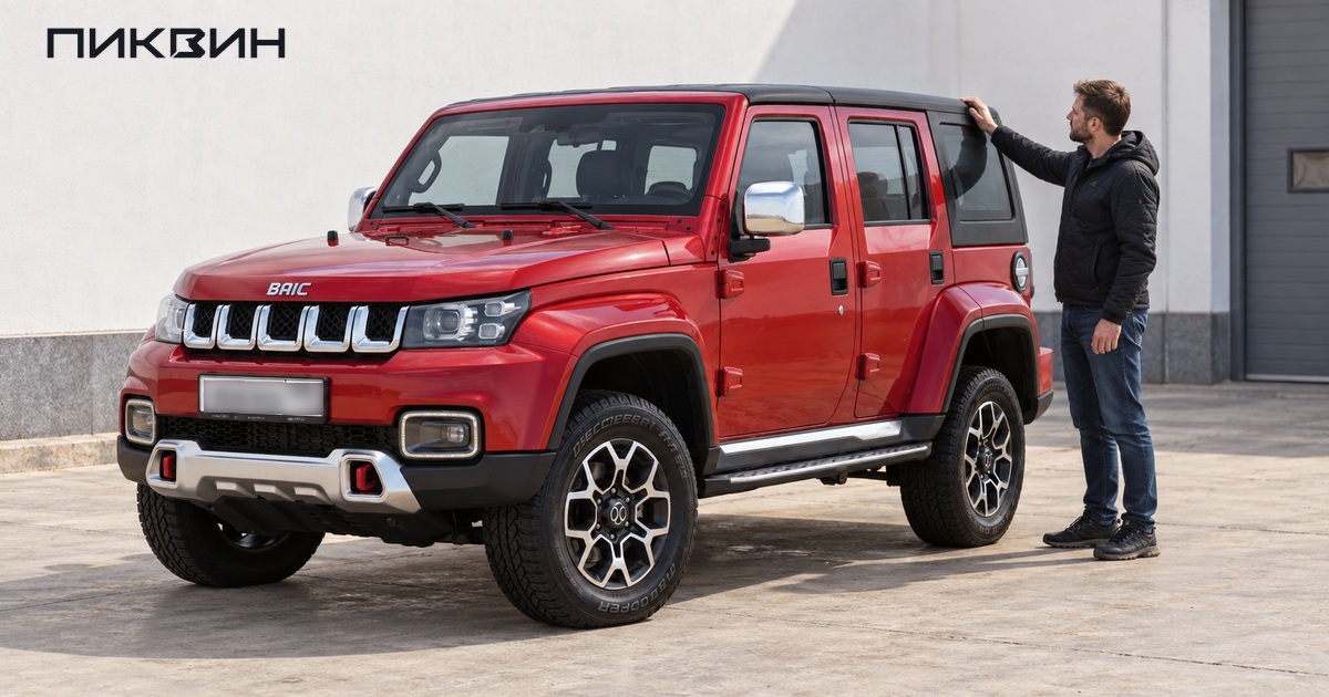 Владелец проверяет стык съёмной крыши красного BAIC BJ40.