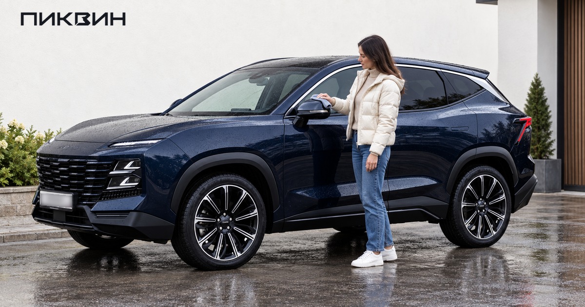 Женщина очищает левое зеркало Jetour Dashing перед поездкой.