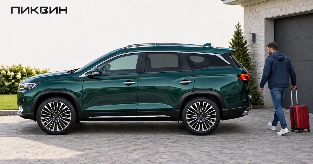Мужчина катит компактный чемодан к багажнику зелёного Jetour X90 Plus.