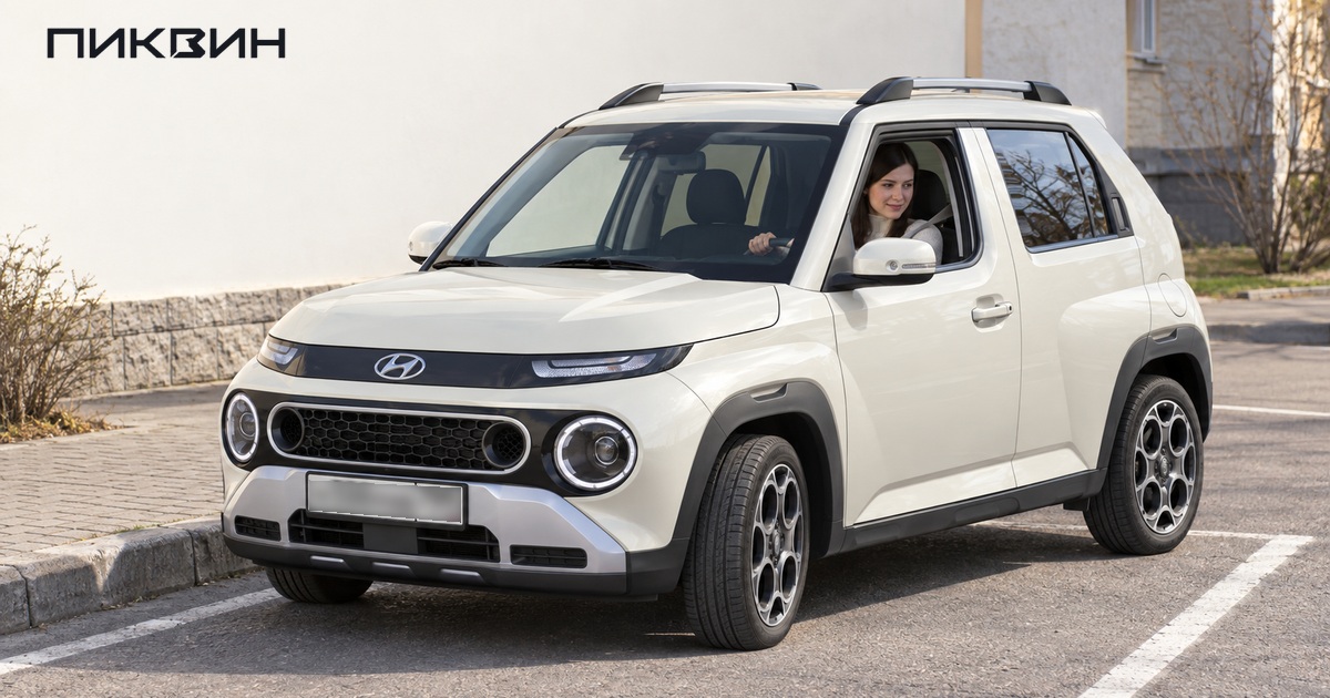 Водитель слева аккуратно паркует компактный Hyundai Casper у бордюра.
