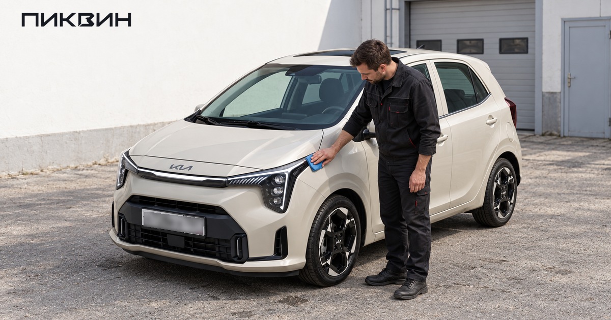Мужчина протирает переднюю фару Kia Morning перед осмотром её исполнения.