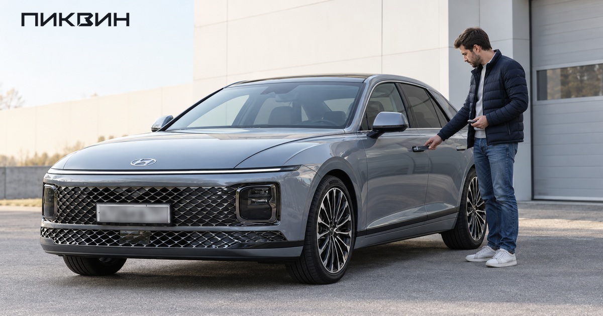 Мужчина проверяет выдвижную ручку закрытой двери Hyundai Grandeur.