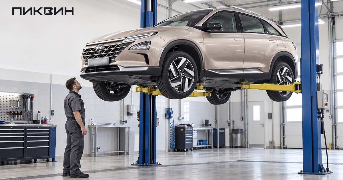 Механик осматривает днище Hyundai Nexo на исправном подъёмнике.