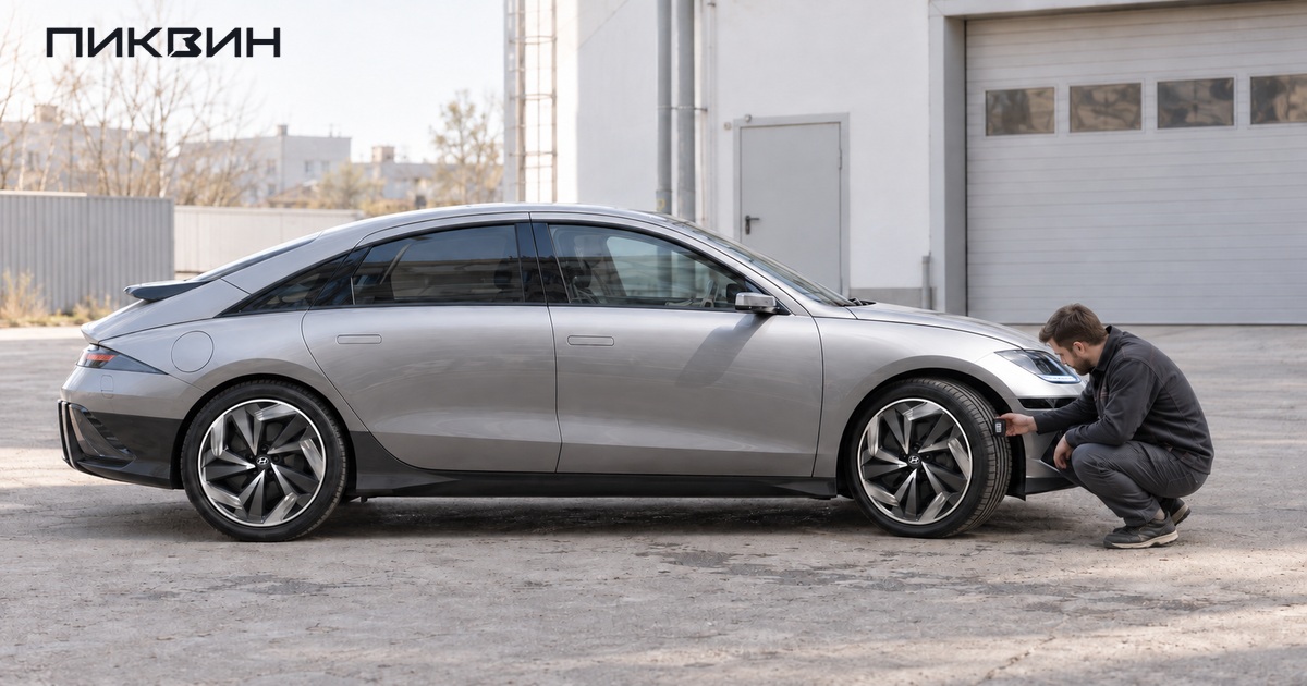 Мужчина проверяет протектор передней шины Hyundai Ioniq 6.