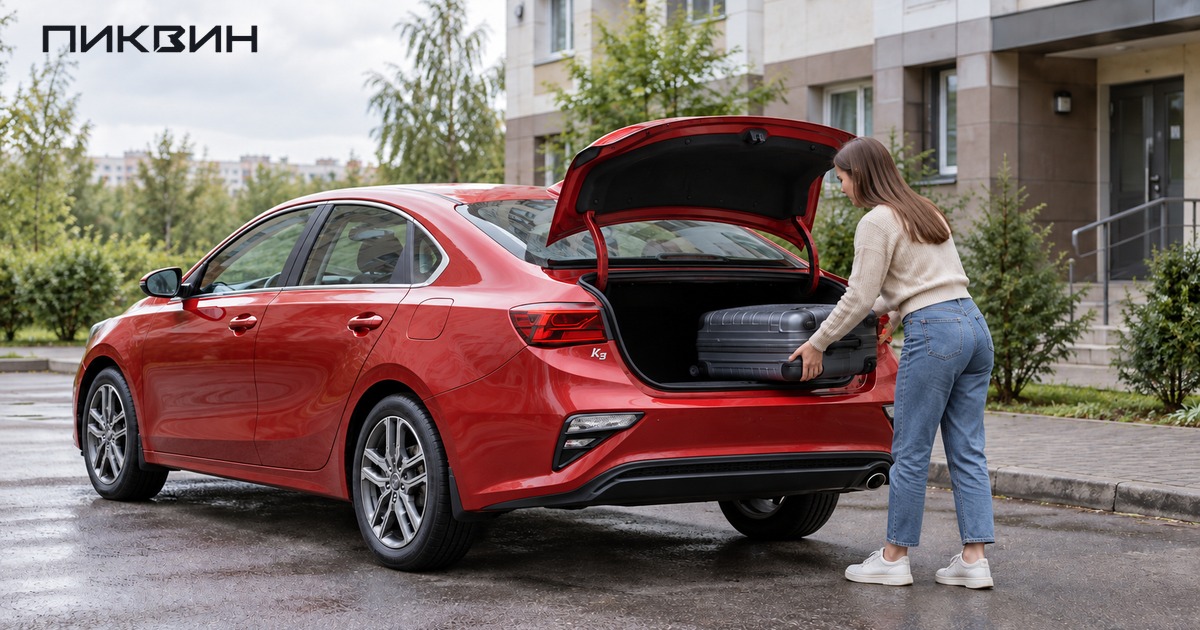 Женщина ставит жёсткий чемодан в багажник корейского Kia K3.