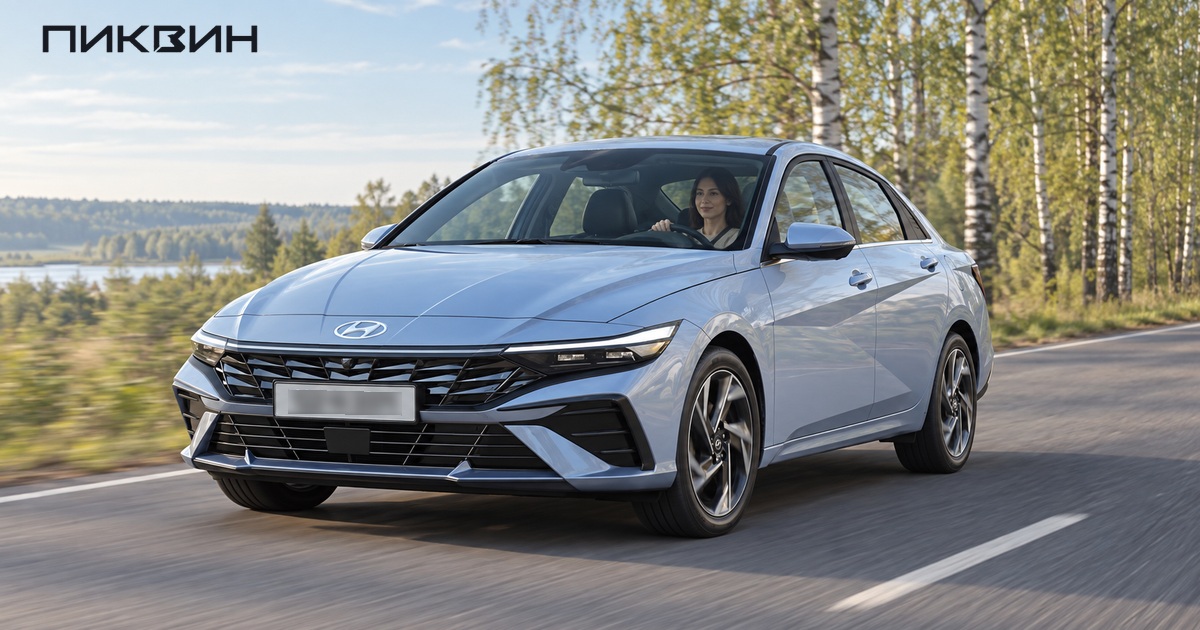 Водитель слева ведёт Hyundai Avante по загородной дороге.