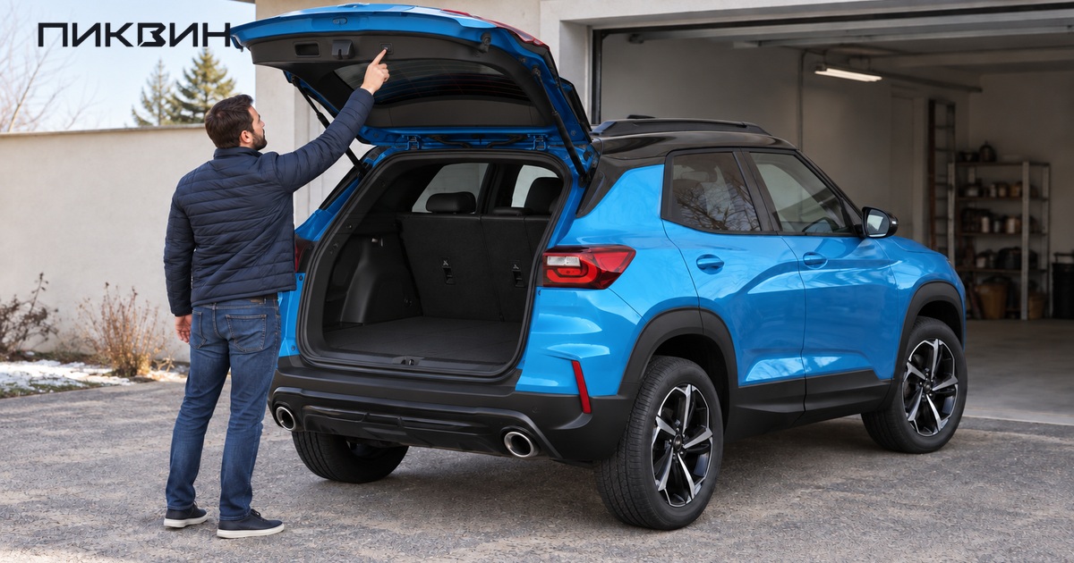 Владелец проверяет открывание багажника Chevrolet Trailblazer у гаража.