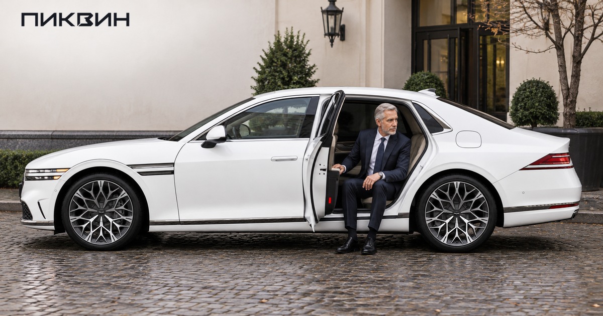 Пассажир проверяет удобство выхода с заднего сиденья Genesis G90.