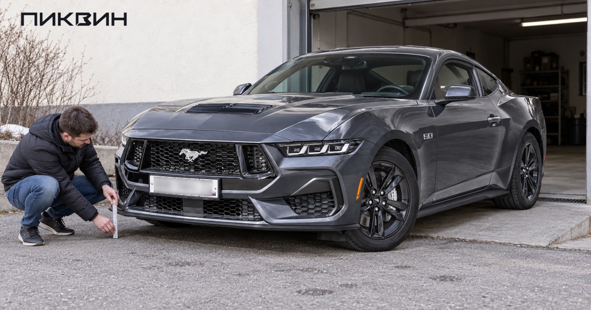 Владелец проверяет клиренс Ford Mustang GT перед пологим въездом в гараж.