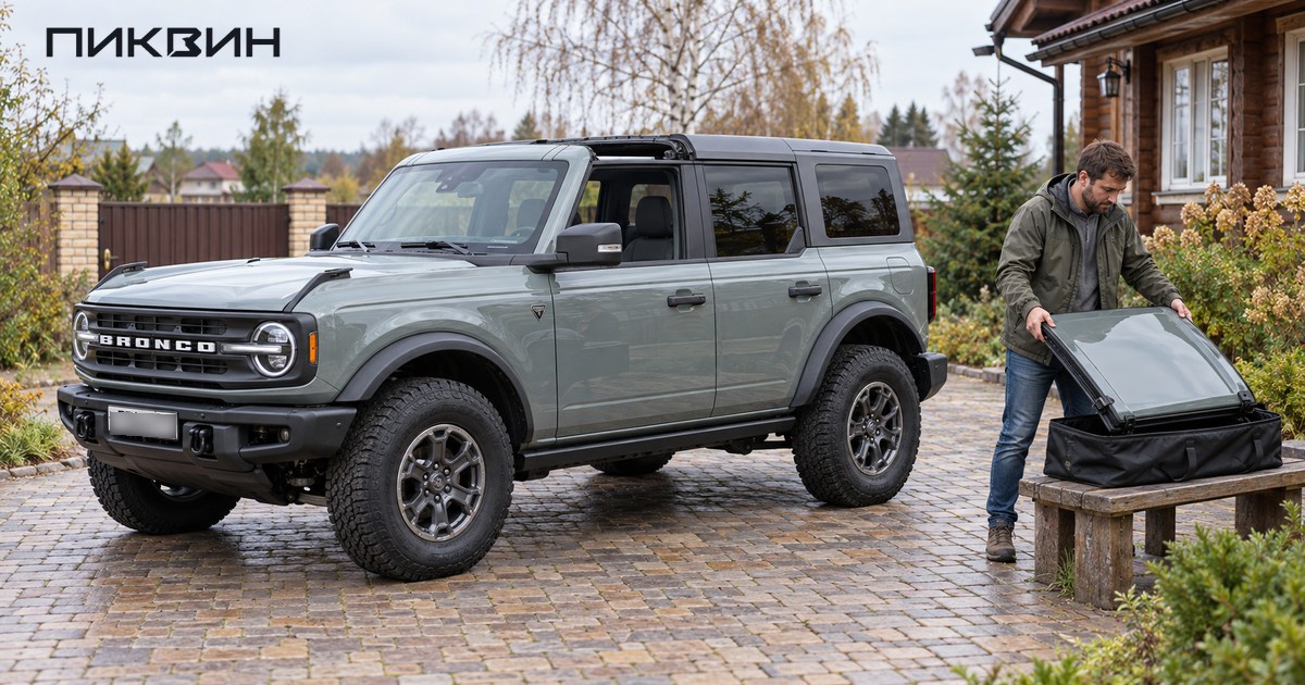 Мужчина укладывает панель съёмной крыши Ford Bronco в чехол.