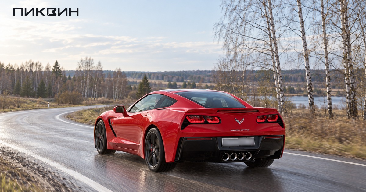Красный Chevrolet Corvette C7 Stingray едет по плавному повороту асфальтовой дороги.