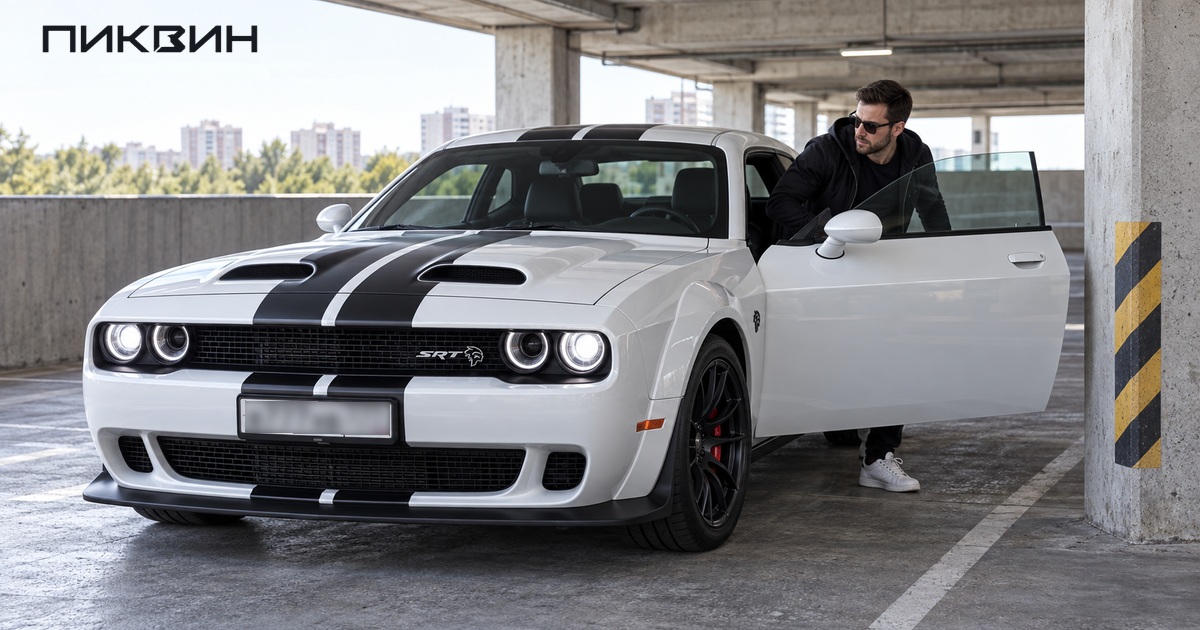 Мужчина выходит через левую дверь белого Dodge Challenger на парковке.