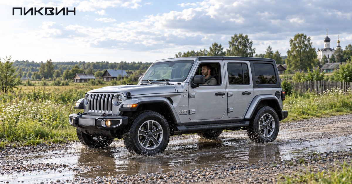 Серебристый Jeep Wrangler JL медленно проезжает лужу на грунтовой дороге.
