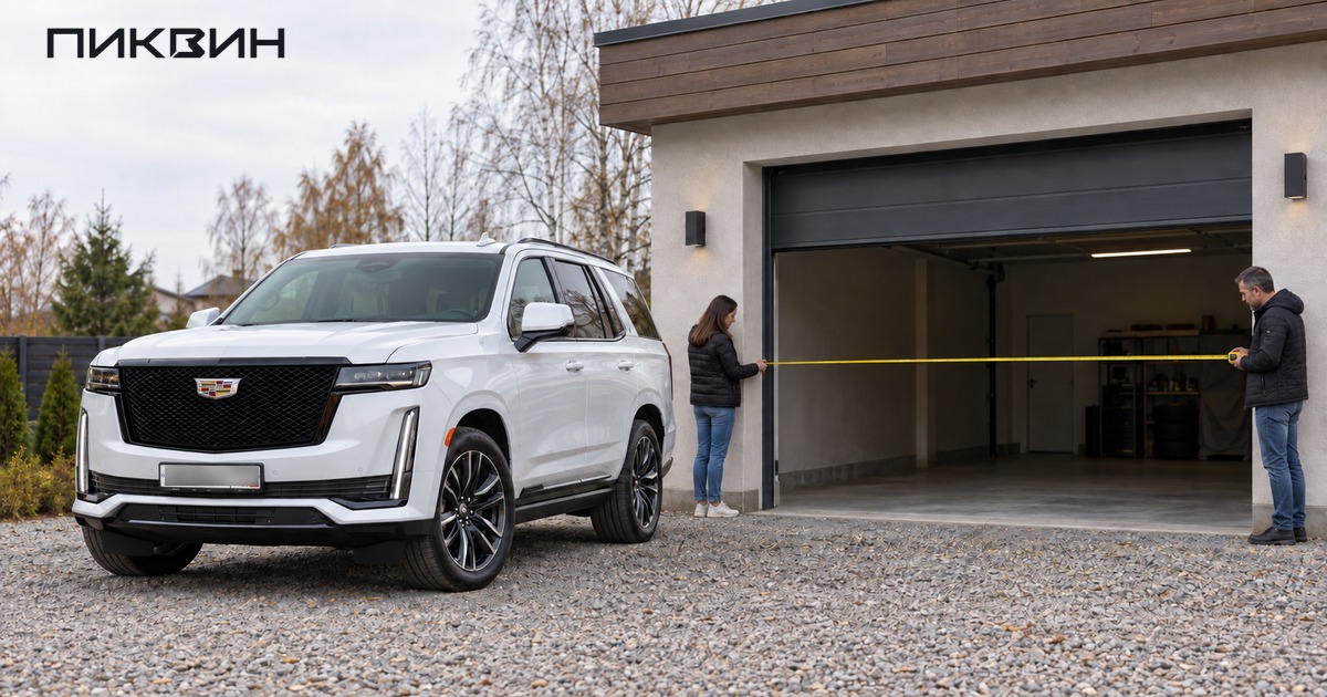 Два человека измеряют ширину гаражного проёма рядом с белым Cadillac Escalade.