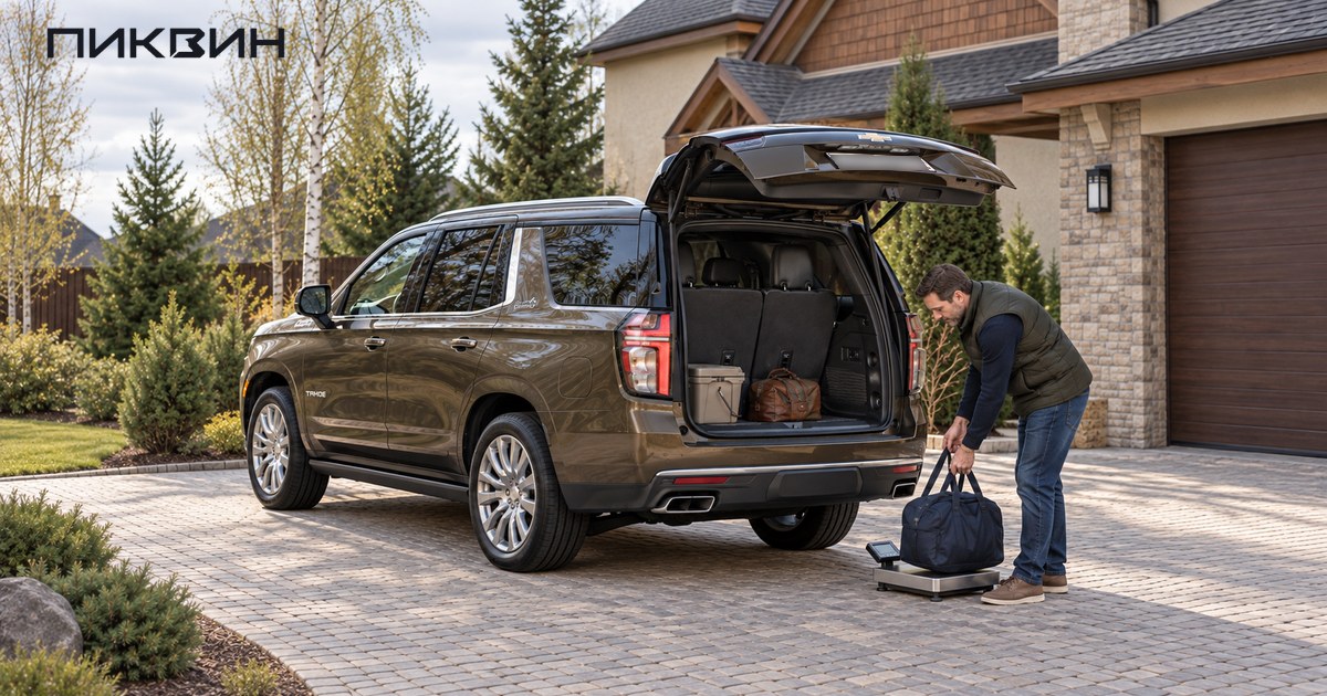 Мужчина ставит дорожную сумку на весы у открытого багажника Chevrolet Tahoe.