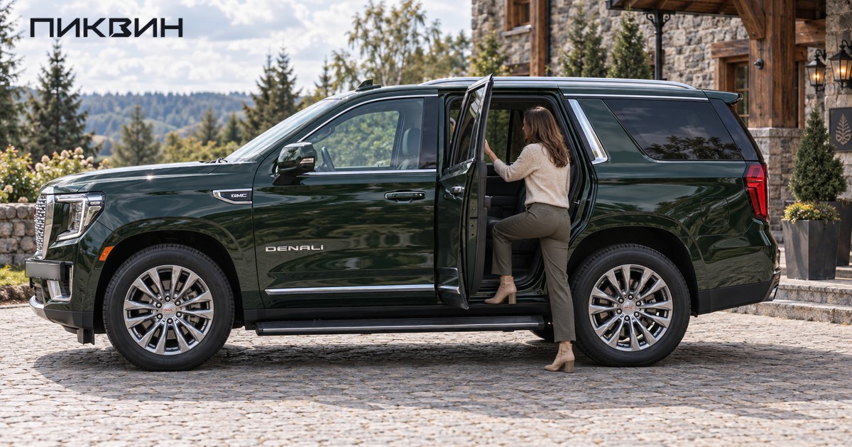 Пассажирка поднимается по подножке в задний ряд GMC Yukon Denali.