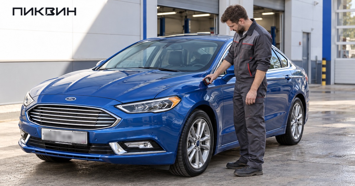 Специалист проверяет толщину покрытия на крыле Ford Fusion перед покупкой.