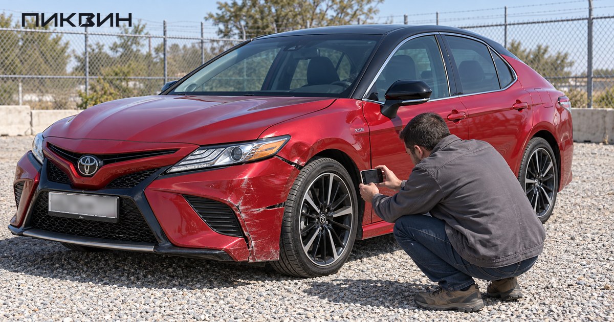 Осмотрщик фотографирует повреждённый передний угол Toyota Camry на площадке хранения.