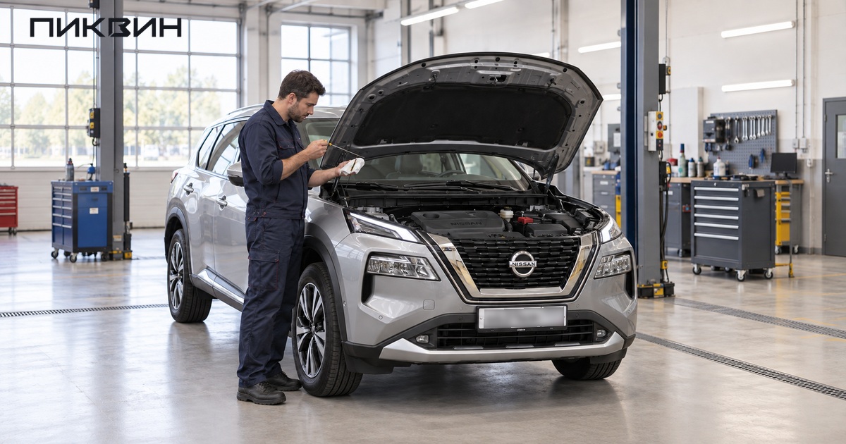 Механик проверяет уровень масла Nissan Rogue перед покупкой.