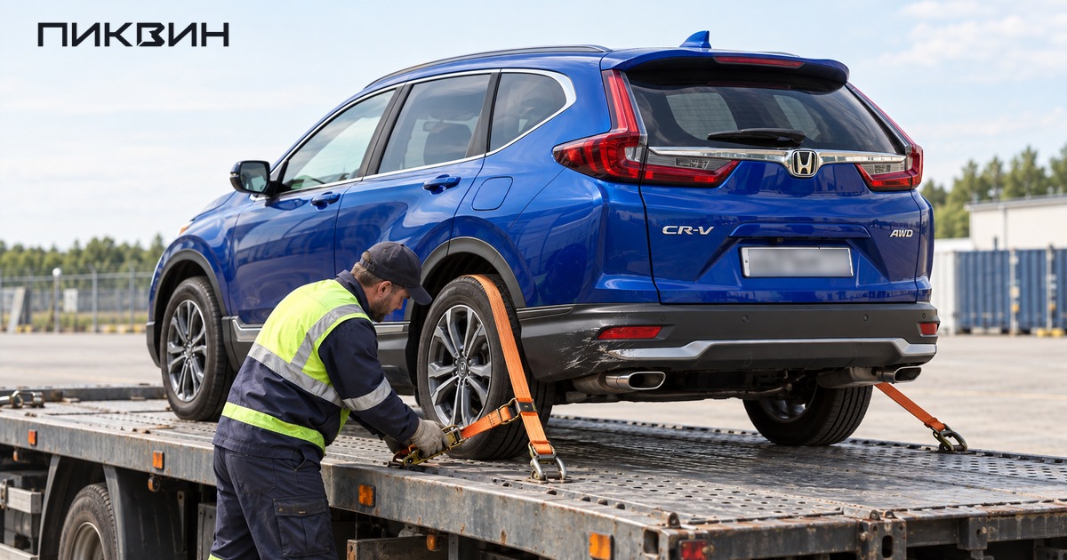 Работник затягивает ремень крепления колеса Honda CR-V на платформе эвакуатора.